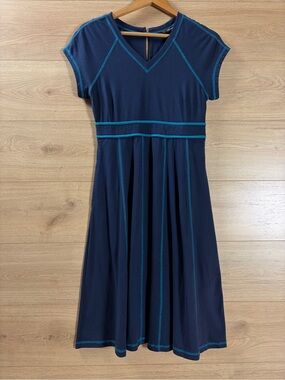 eShakti Navy V-Neck Cap Sleeve Cotton Dress with Teal Stitching 2